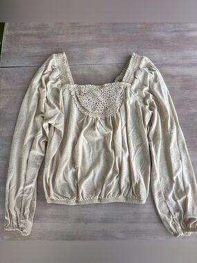 boho crochet beachy Alya cream spring 3/4 sleeve blouse XS